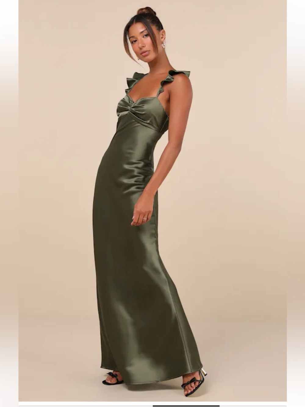 NWT Lulus Exuberant Luxury Olive Green Satin Ruffled Lace-Up Maxi Dress